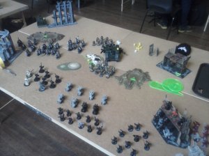 The Dark Angels get the first turn. The ravenwing roar across the board and the landraider disgorges Azrael and his retinue.